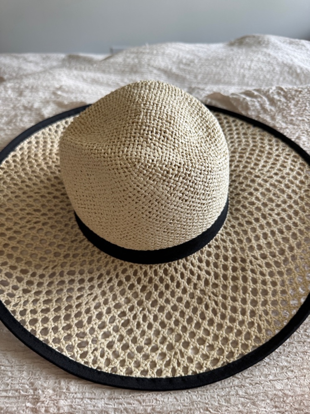 Wide Brim Straw Sun Hat with Black Trim